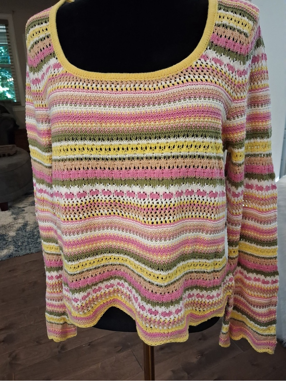 Jessica Simpson Striped Open-Knit Scoop Neck Sweater in Pink, Yellow & Olive